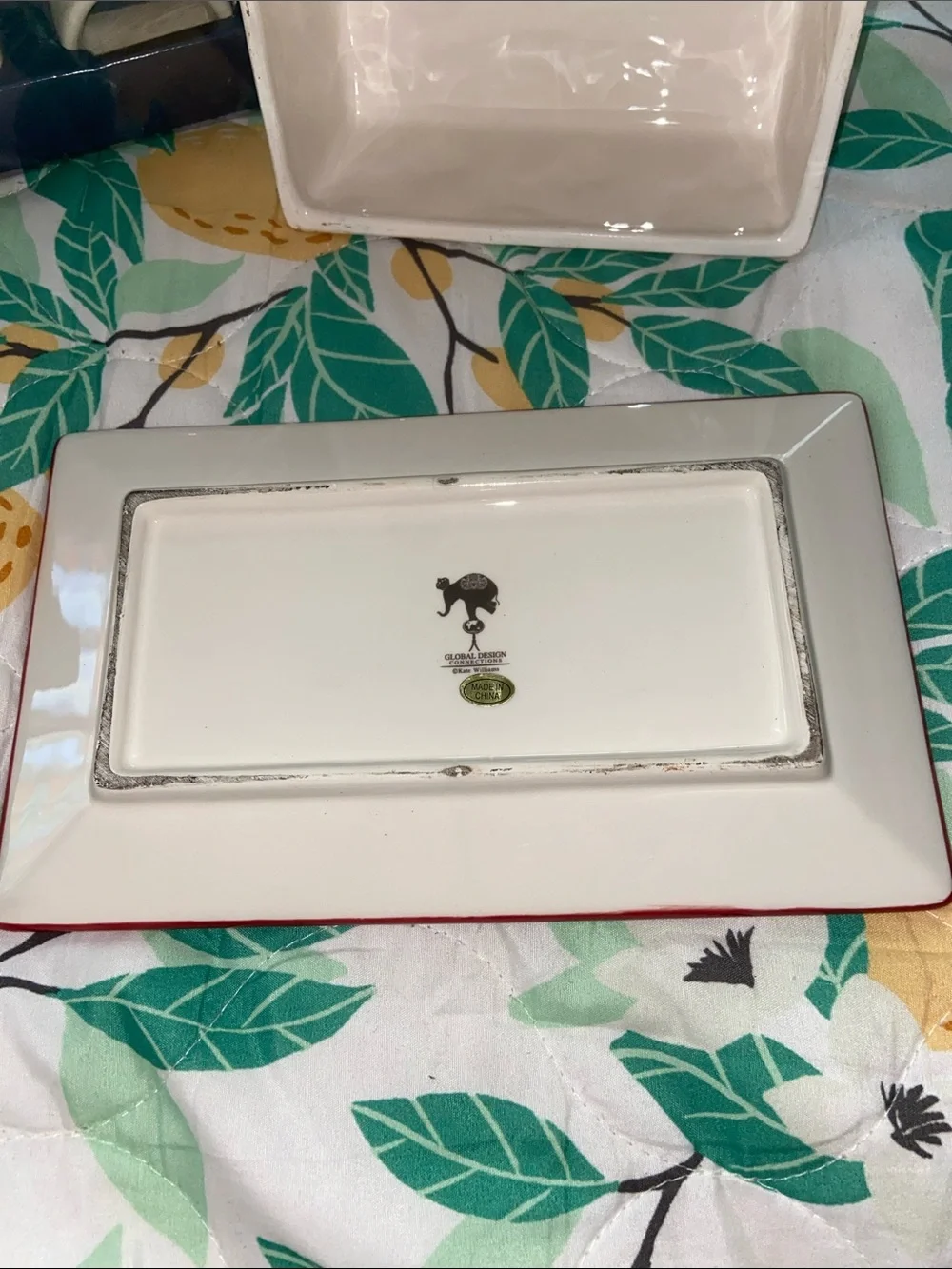 KATE WILLIAMS SCOTTIE PLAID Terrier Finial Ceramic Butter Dish